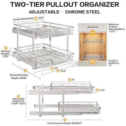 2-Tier Kitchen Cabinet Pull Out Cabinet Organizer,Shelf and Drawer Organizer Slide Out Pantry Storaqe Basket in Multiple Sizes (17" W x 21" D) - size: 17" W x 21" D