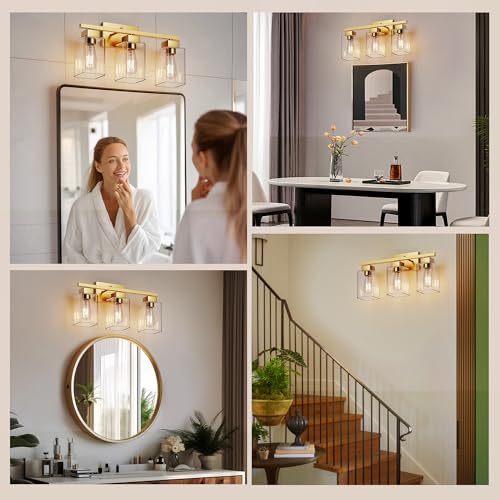 3-Light Bathroom Light Fixtures, Brushed Gold Modern Vanity Lights, Bathroom Lighting Fixtures Over Mirror, Square Design Farmhouse Wall Sconces with Clear Glass Shades - color: Brushed Gold, size: 3-Light