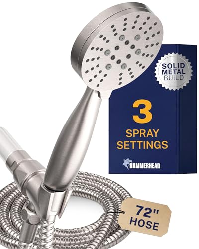 HammerHead Showers® Solid Metal 3-Spray Handheld Shower Head with Long Hose and Holder - BRUSHED NICKEL - 2.5 GPM High Pressure Shower Head with Handheld Sprayer - WIDE, MASSAGE, and MIST Sprays - color: Brushed Nickel, size: 2.5 GPM Standard