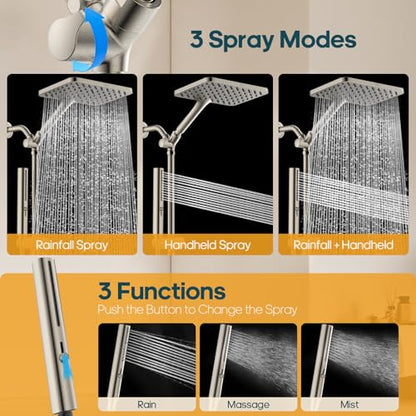 High Pressure Rain Shower Head with Handheld Combo, 10 Inch Square Rainfall Showerhead, Adjustable Slide Bar Dual Shower System, 3 Spray Modes, 59" Stainless Steel Hose, Brushed Nickel - color: Brushed Nickel, style: Basic