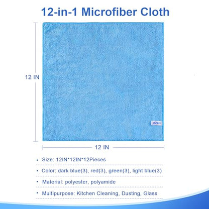 Microfiber Cleaning Cloth, 12Pcs, 12" x 12", High Density, 4 Colors | Household Cleaning Rags, 293GSM, Ultra Absorbent, Reusable Cleaning Supplies for Kitchen Towels, Glass Dish Cloths, Dust Rag