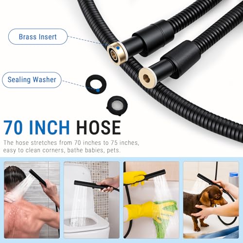 G-Promise All Metal 3-Function Handheld Shower Wand | All Metal, Built to Last, Easy Install, with On/Off Switch Holder, Extra Long Hose, Modern Upgrade - color: Matte Black, style: Round