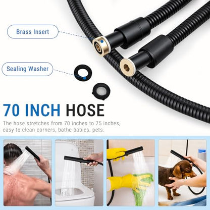 G-Promise All Metal 3-Function Handheld Shower Wand | All Metal, Built to Last, Easy Install, with On/Off Switch Holder, Extra Long Hose, Modern Upgrade - color: Matte Black, style: Round