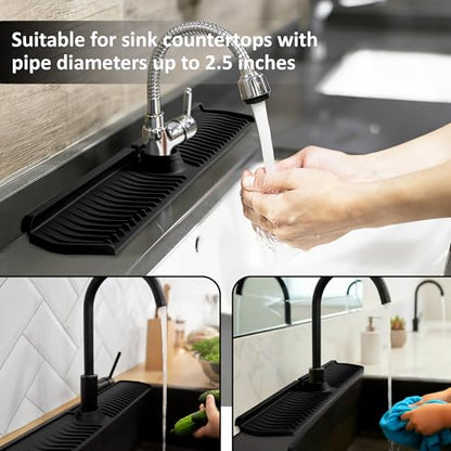 Extra Long Silicone Faucet Mat, 76cm Double-Sided Drain Pad for Kitchen Sink & Bathroom, Flexible Splash Guard with Center Hole, Non-Slip, Easy to Clean, Fits Most Faucets (Black) - color: Black