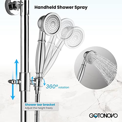 gotonovo Exposed Shower System with Shelf 2 Cross Handle Polished Chrome | Bathroom Brass Shower Faucet Set,8’’ Rainfall Head with Handheld Sprayer,SUS304 Shelf,6’’ Hole Distance,Adjustable Height - color: Chrome