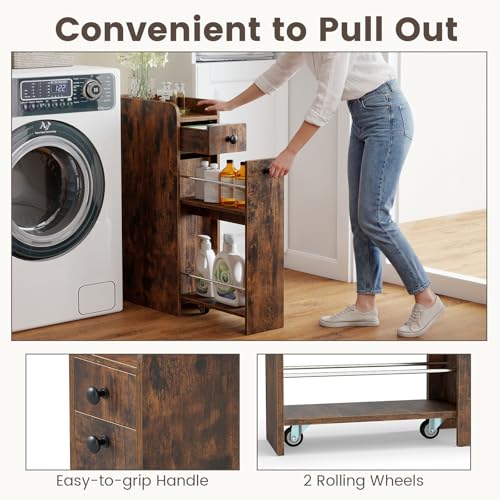 GIANTEX Slim Bathroom Storage Cabinet, Space-Saving Toilet Side Cabinet with Slide-Out Drawers on 3 Wheels, Freestanding Narrow Toilet Paper Holder for Living Room, Laundry Room (Rustic Brown) - color: Rustic Brown