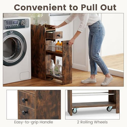 GIANTEX Slim Bathroom Storage Cabinet, Space-Saving Toilet Side Cabinet with Slide-Out Drawers on 3 Wheels, Freestanding Narrow Toilet Paper Holder for Living Room, Laundry Room (Rustic Brown) - color: Rustic Brown