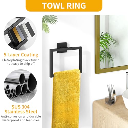 FLE Toilet Paper Holder Wall Mount, Hand Towel Holder Set for Bathroom | Wall Mounted Toilet Paper Holder, Square Bathroom Hardware Set(Black)