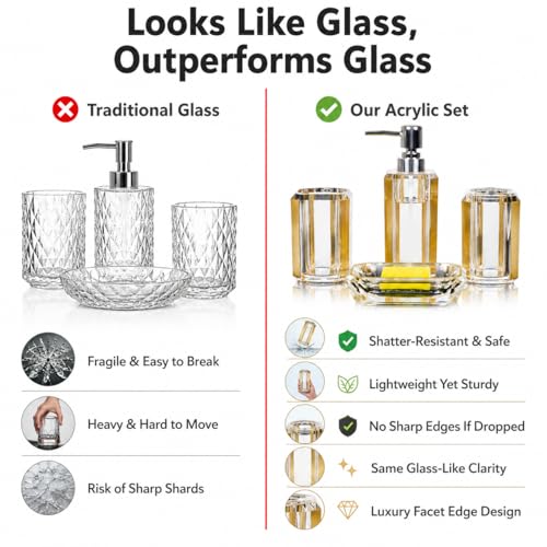 LGURT 4pc Crystal Clear Acrylic Bathroom Set, Brushed Gold Soap Dispenser | Soap dish, rinse cup & holder, with brushed gold accent. For apartment, guest bath, or vanity countertop. - color: Gold