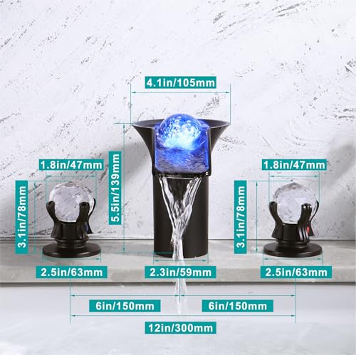 SKOWLL Bathroom Sink Faucet Waterfall, Free Floating Crystal Ball with LED Light, Modern 8 inch Widespread Bathroom Faucet 3 Hole with Dual Handle, Matte Black - color: Matte Black