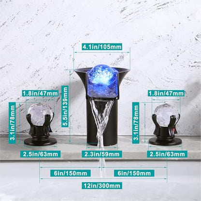 SKOWLL Bathroom Sink Faucet Waterfall, Free Floating Crystal Ball with LED Light, Modern 8 inch Widespread Bathroom Faucet 3 Hole with Dual Handle, Matte Black - color: Matte Black