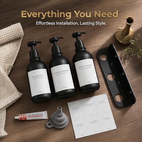 Refillable Shampoo and Conditioner Dispenser Set of 3 - Wall Mounted No Drill Pump with Bottles, 3 Chamber for Shower Soap and Body Wash Dispensers with Labels, Matte Black Bottle for Bathroom (16oz)