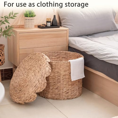 Large Round Water hyacinth Wicker Laundry hamper basket with lid | Eco-friendly,Handwoven,Natural Storage for Toys,Blankets,Dirty Clothes - Bedroom & Bathroom - size: Large