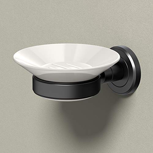Gatco 1940MX Latitude II Wall Mounted Porcelain Soap Dish with Matte Black Holder, White/Matte Black, 2.1" H x 4.31" W x 5.25" D - color: Matte Black/White, style: Latitude II