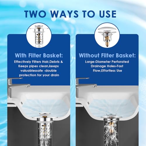 Bathroom Sink Stopper with Hair Catcher, Universal Pop-Up Drain Strainer for 1.1"–2.36" US Standard Sink Drain Hole, Anti-Clog Basin Stopper with Removable Stainless Steel Strainer Basket (Slant Bore)