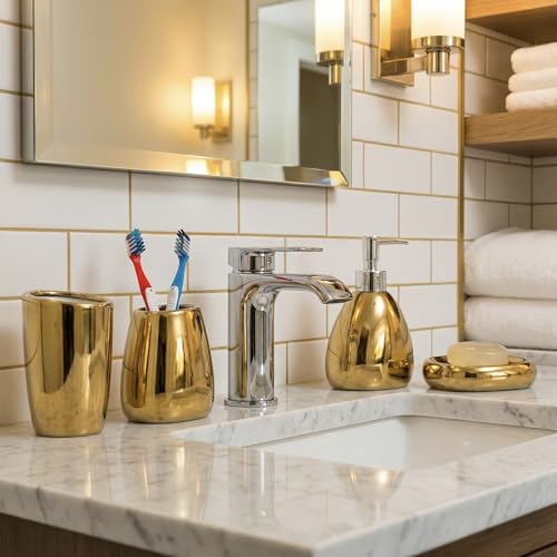 MyGift 4 Pcs Gold Bathroom Accessories Set with Toothbrush Holder, Soap Dispenser, Tumbler and Soap Dish, Bathroom Organizer Accessory for Modern Home Decor, Complete Ceramic