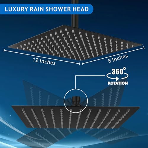 Voolan Rain Shower Head - High Flow Large Rainfall Shower Heads Made of Stainless Steel - Waterfall Bathroom Square Showerhead - Ceiling or Wall Mount (12 * 8 Inch Rectangle, Matte Black) - color: Matte Black, size: 12*8 Inch Rectangle