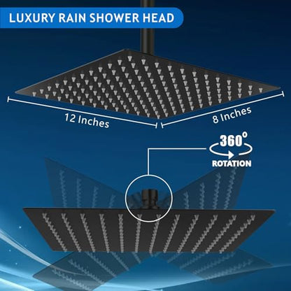 Voolan Rain Shower Head - High Flow Large Rainfall Shower Heads Made of Stainless Steel - Waterfall Bathroom Square Showerhead - Ceiling or Wall Mount (12 * 8 Inch Rectangle, Matte Black) - color: Matte Black, size: 12*8 Inch Rectangle