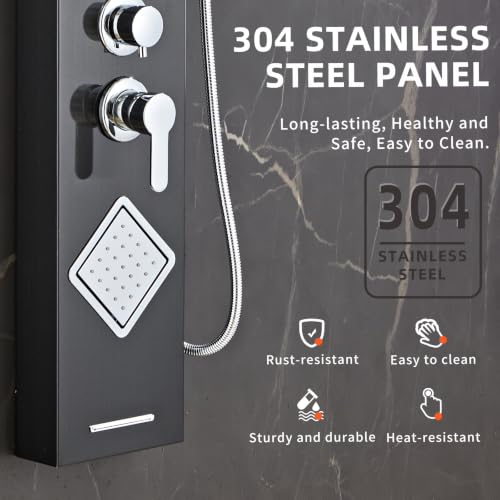 Shower Panel Tower System with Storage- Brushed Black | 304 Stainless Steel 5-Function Shower Panel Faucet Set with Powerful Body Jets, Rainfall, Waterfall,Handheld and Tub Spout - color: Brushed Black