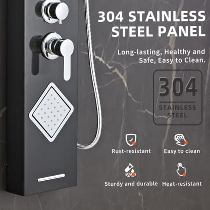 Shower Panel Tower System with Storage- Brushed Black | 304 Stainless Steel 5-Function Shower Panel Faucet Set with Powerful Body Jets, Rainfall, Waterfall,Handheld and Tub Spout - color: Brushed Black