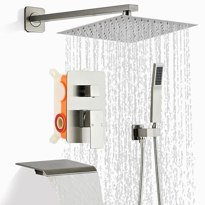 Brushed Nickel Rainfall Shower Faucet Set with Tub Spout 10 Inch | Shower Head and Handle with 2 Hooks, Rain Shower and Handheld Shower System Square Wall Mount for Bathroom - color: Brushed Nickel, style: 10 Inch