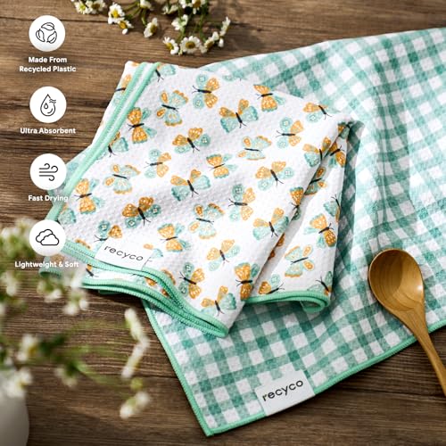 RECYCO Waffle Kitchen Towel Set of 2 - Quick Dry Microfiber Sustainable Dish Towels - Ultra Absorbent Reusable Cleaning Tea Towels - Lightweight Hand Towels,16”x 28”, Butterfly Gingham - color: Butterfly Gingham