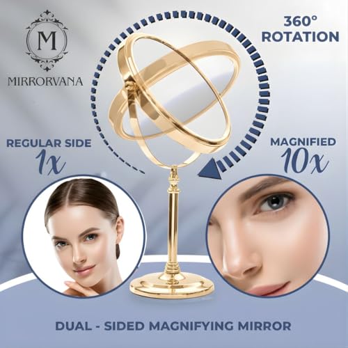 Double Sided 10X/1X Magnifying Makeup Mirror, 8" x 15" (Gold) | The Ideal Present! Large Double-Sided Design with Stand, Elegant Vanity Piece for Dressing Table, Bedroom & Beauty Routines - color: Gold