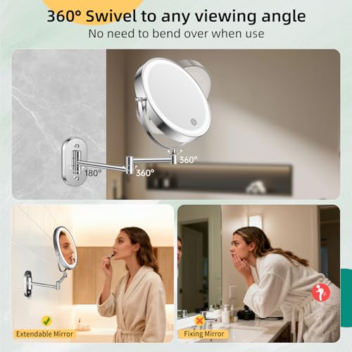FUNTOUCH 5000mAh Rechargeable Wall Mounted Makeup Mirror with Light Charger | Double Sided 1X/30X Magnification,3 Color Lights,Touch Dimmable,Extended Arm 360 Rotation Lighted Bathroom Mirror - color: Polished Chrome