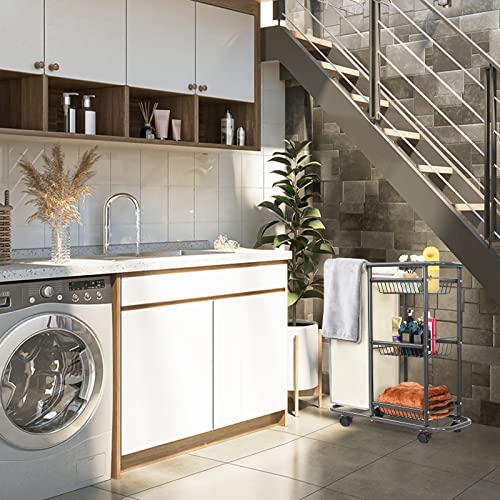 Narrow Laundry Cart with Wheels, 3 Baskets and 45L Laundry Bag | Metal Rolling Cart for Small Space, Laundry Room Organization and Storage, for Bathroom Living Room Apartment Dorm