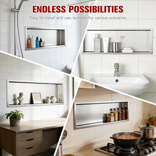 VELPAX No Tile Needed Shower Niche 12"X 36", Bathroom Wall Niche Single Shelf, Stainless Steel Shower Niche for Bathroom, Kitchens, Balconies - color: Silver, size: 12"X 36" Single Shelf