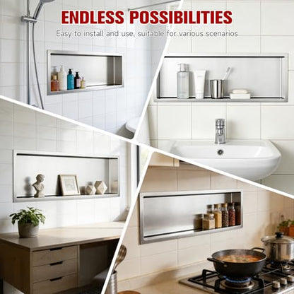 VELPAX No Tile Needed Shower Niche 12"X 36", Bathroom Wall Niche Single Shelf, Stainless Steel Shower Niche for Bathroom, Kitchens, Balconies - color: Silver, size: 12"X 36" Single Shelf