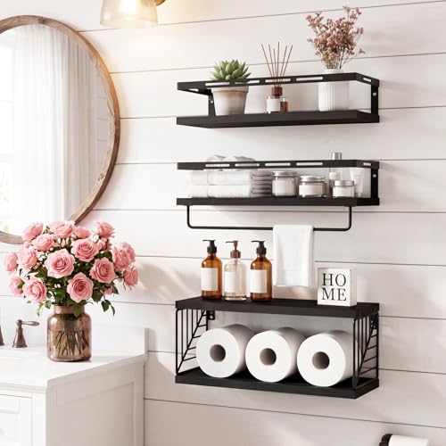 Fixwal Wall Mounted Bathroom Shelves Over Toilet (3+1 Black) | Wall Shelf with Basket Storage , Towel Bar, Solid Wood, 22Lb Capacity, Easy DIY Install - color: 5-black