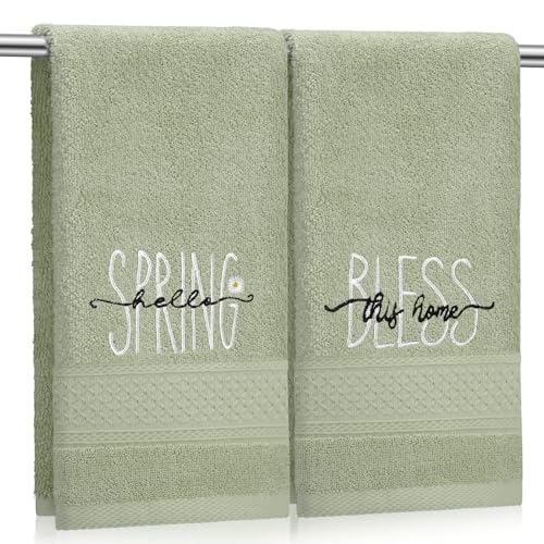 SmoothNovelty 2 Pcs Hello Spring Hand Towels Gray Green Bathroom Decor 14x29 Inch 100% Cotton Soft Absorbent Bless This Home Embroidered Decorative Hand Towels for Bathroom Kitchen Housewarming Gifts - style: Hello Spring