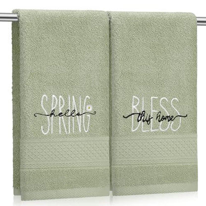 SmoothNovelty 2 Pcs Hello Spring Hand Towels Gray Green Bathroom Decor 14x29 Inch 100% Cotton Soft Absorbent Bless This Home Embroidered Decorative Hand Towels for Bathroom Kitchen Housewarming Gifts - style: Hello Spring