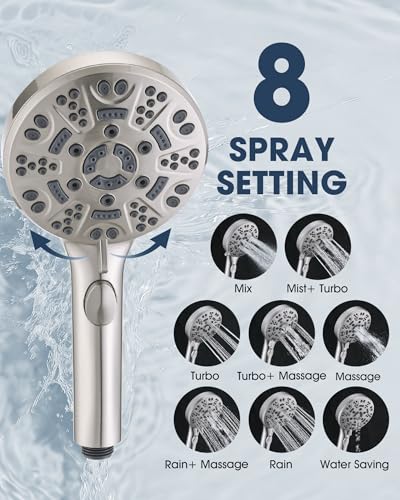 Handheld Shower Head with 6.56ft Extra Long Hose, On Off Switch 8-Seting High Preesure Hand Held Showerhead, Low-Reach Adhesive Holder for Kid, Disable& Elder (Brushed Nickel) - color: Brushed Nickel