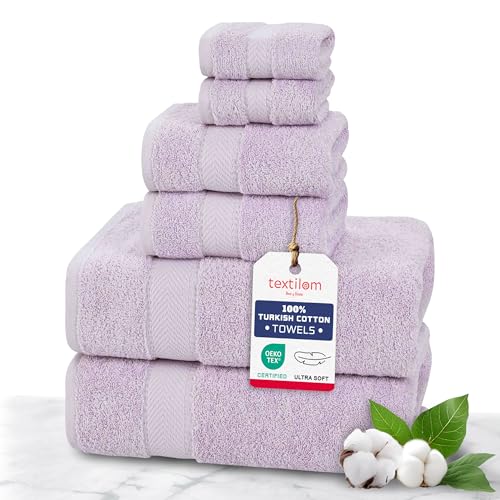 TEXTILOM 100% Turkish Cotton 6 Pcs Bath Towel Set, Luxury Soft & Absorbent Bathroom Towels Set (2 Bath Towels, 2 Hand Towels, 2 Washcloths)- Lilac - color: Lilac, size: 6 Pcs Towel Set