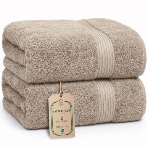 Luxe 2-Piece Bath Towel Set – Large Soft Cotton Towels, Absorbent, Durable & Skin-Friendly, Machine Washable, 27 x 54 in (Sand) - color: Sand