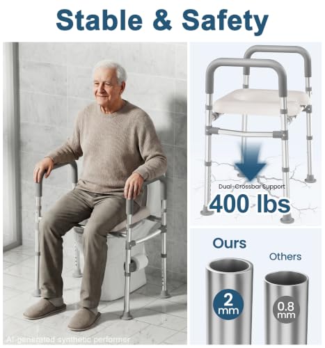 HOMLAND Toilet Seat Risers for Seniors with Handles, Dual-Crossbar, 400lb | Adjustable Height and Width, Padded Seat, Aluminum Reinforced Frame, Raised Handicap Elevated Toilet Seat Fit Any Toilet