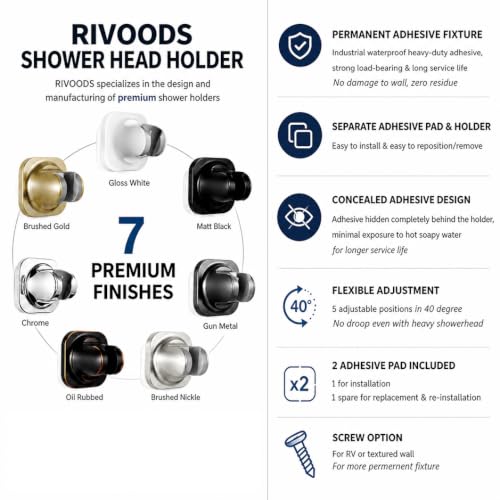 Handheld Shower Head Holder - 5 Angles Adjustable - Concealed Adhesive Mount with Screw Option - Wall Mount Shower Hose Holder (Brushed Nickle) - color: Brushed Nickle