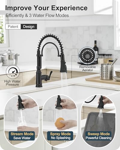 3-Function Kitchen Faucets with Pull Down Sprayer, 1 Hole or 3 Hole Kitchen Faucet Black, 1 Handle Kitchen Sink Faucets, 360 Degree Swivel Stainless Steel Faucet for Kitchen Sink with Deck Plate - color: Matte Black - Classic
