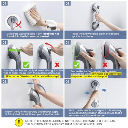 Shower Grab Bar Suction Cup 12 inch, 2 Pack Grab Bars for Bathtubs, Bathroom Safety Grip Shower Handle for Elderly and Seniors, Bath Handrails Removable Waterproof No Drilling Silver