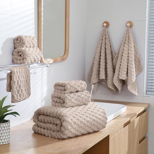 6 Piece Bath Towel Set, 40"x80" Microfiber Bath Sheets, Beige | Microfibers，Extra-large size，Quick dry，Highly Absorbent，Big and Tall users，2Bath towels 2Hand towels 2Washcloths - color: Beige, size: Bath Sheet Set-6PCS