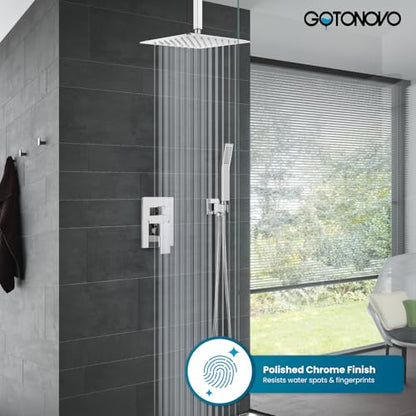 gotonovo Ceiling Shower System with Handheld Polished Chrome,12 inch Head | Ceiling Mount Bathroom Shower Faucet Set,SUS304 Rainfall Head and Handle Set Combo,Brass Valve Trim Kit,All Metal - color: Chrome, size: 12 inch Head