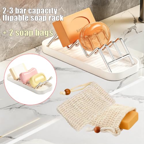 Thick Stainless Steel Soap Holder with 2 Soap Saver Bags, Self-Draining Shampoo Bar Holder with Removable Drip Tray, 304 Rustproof Quick-Drying Soap Dish for Bathroom Counter, Kitchen Sink & Shower