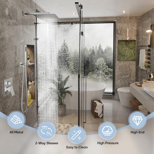 Gabrylly Rain Shower Head with Handheld Spray Combo, 12", Brushed Nickel | All Metal Shower System, High Pressure Rainfall Shower Faucet Set, Solid Brass Shower Valve Complete Shower Set for Bathroom - color: Brushed Nickel, size: 12 Inch