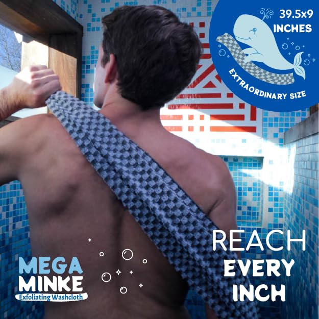 Mega Minke Exfoliating Body Scrubber Washcloth for Shower, Gray | Loofah alternative, 39.5x9 inch wash cloth, dead skin remover for hard-to-reach areas, use in shower and bath, rip-resistant