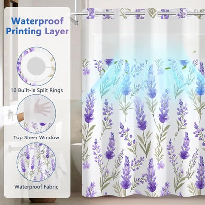 No Hook Shower Curtain and Liner Set, Lavender Shower Curtain with Snap in Liner and Mesh Top Window, Purple Floral Waterproof Fabric Shower Curtains with Weighted Hem for Bathroom Hotel, 71x74 Inches - color: Lavender Garden