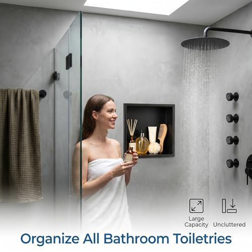 304 Stainless Steel Shower Niche 12” x 12” for Bathroom Storage | Waterproof Matte Black Recessed Shower Niche No Tile Needed with 2-Tier Shelves - size: 12 x 12 inch