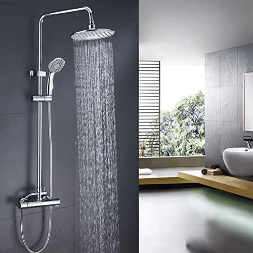 Thermostatic Shower System Chrome, Wall Mounted Shower Set Brass with Overhead Shower Head Tap, Adjustable Height Shower Mixer Set Modern for Bathroom Hotel