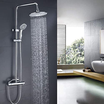 Thermostatic Shower System Chrome, Wall Mounted Shower Set Brass with Overhead Shower Head Tap, Adjustable Height Shower Mixer Set Modern for Bathroom Hotel